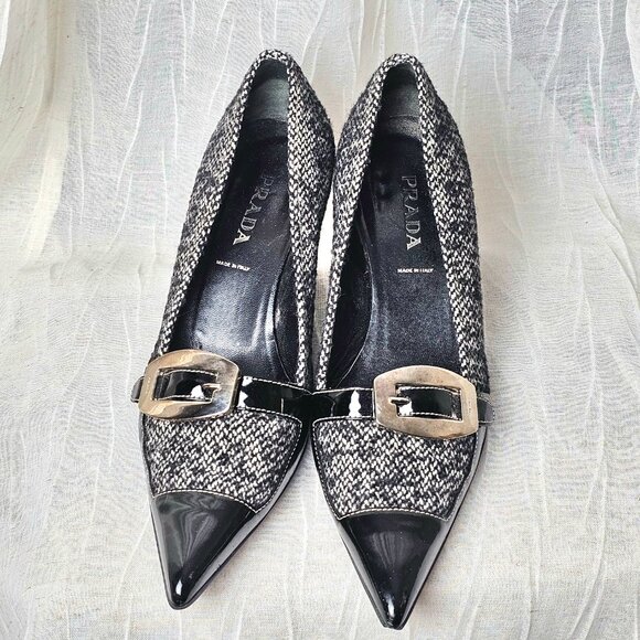 PRADA Tweed & Patent Leather Kitten Heels Pumps – With Box - Picture 8 of 16
